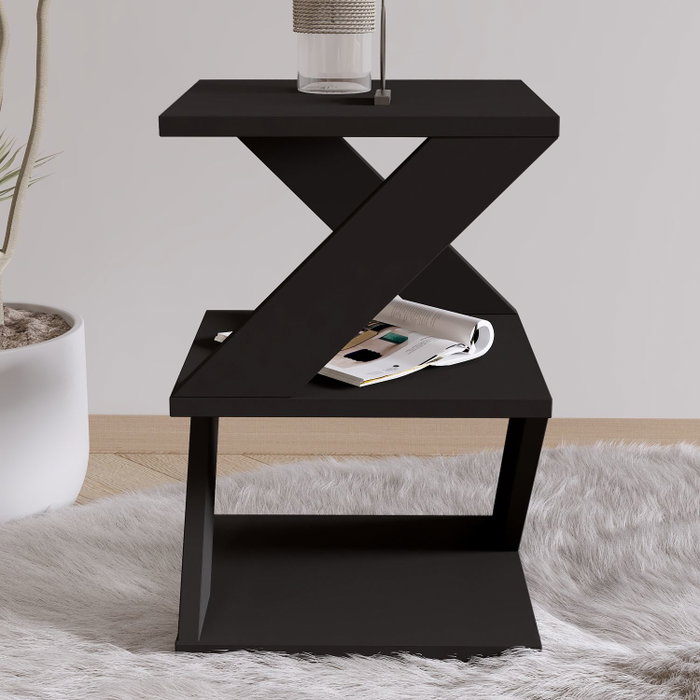 Hanah Home Mesa Auxiliar Albeni - Black, Tablero de Partículas Recubierto de Melamina, Múltiples Estantes, Color Negro